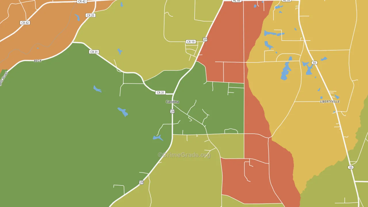 Carolina, AL Map of Burglary Rates