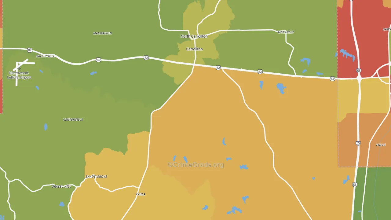 Carroll County, MS Map of Burglary Rates