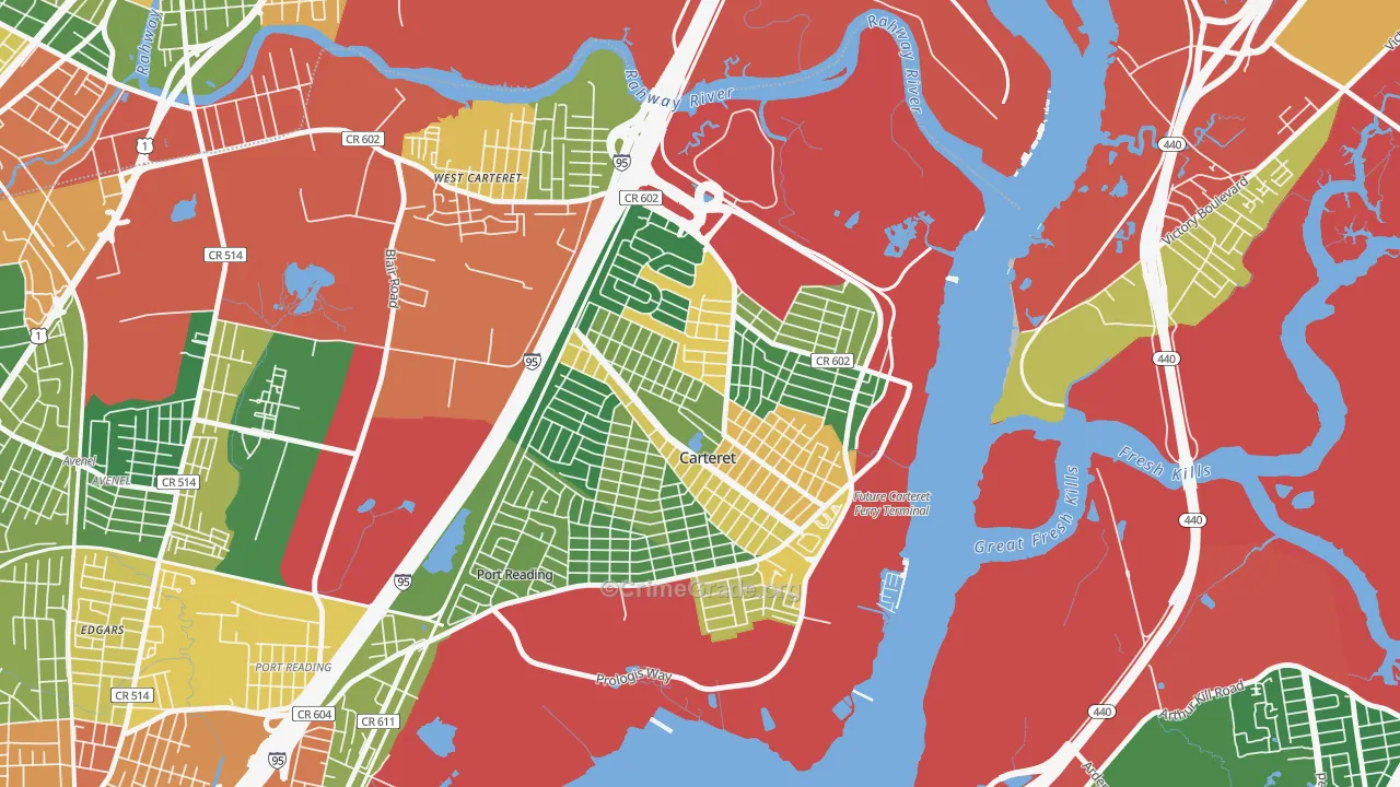 Carteret, NJ Map of Burglary Rates