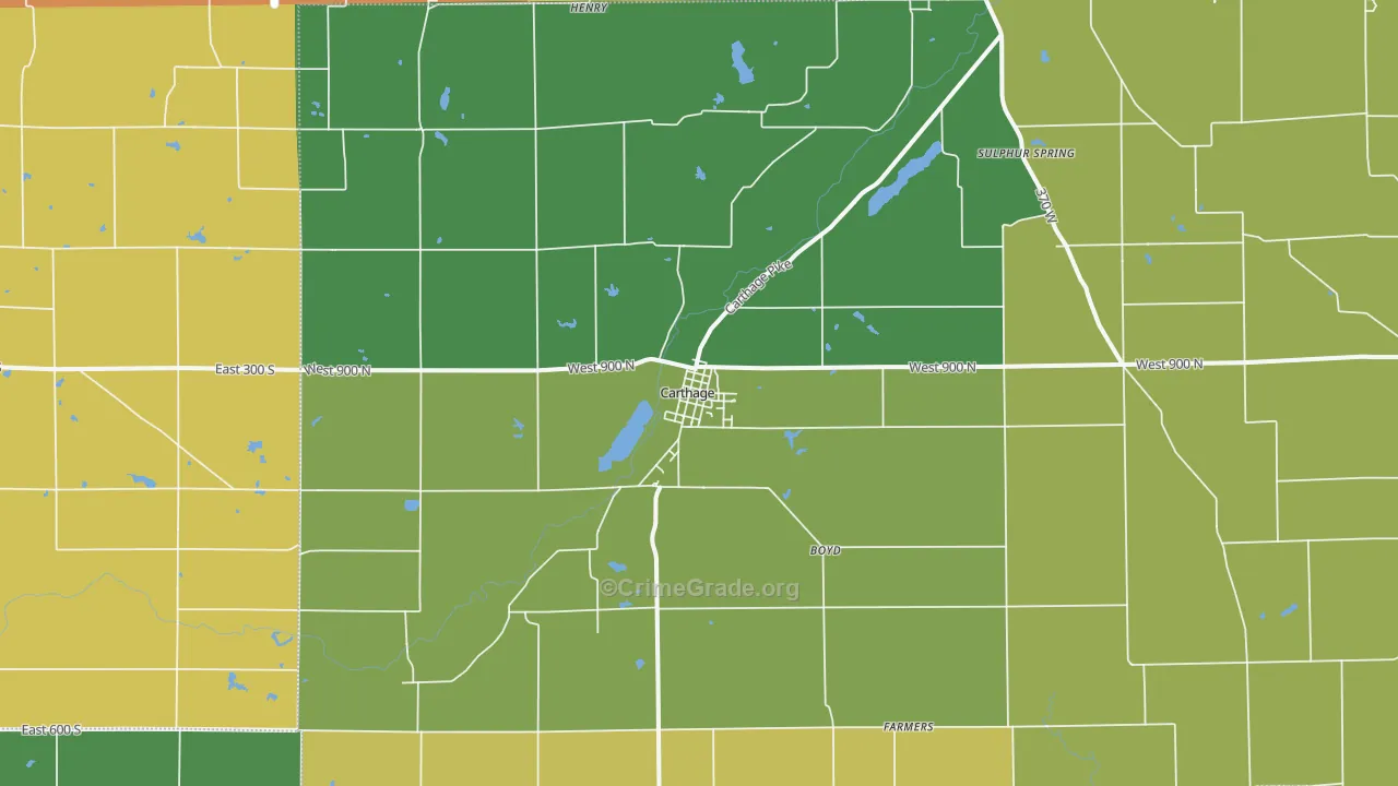 Carthage, IN Map of Burglary Rates