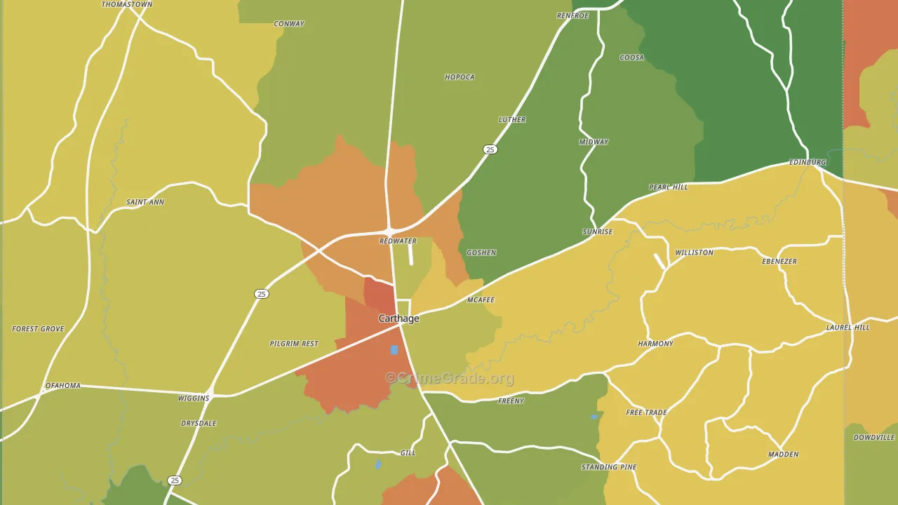 Carthage, MS Map of Burglary Rates