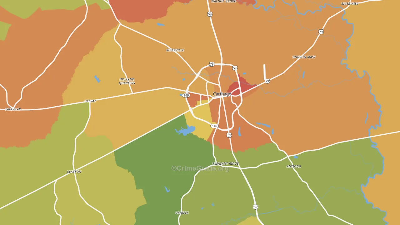 Carthage, TX Map of Burglary Rates