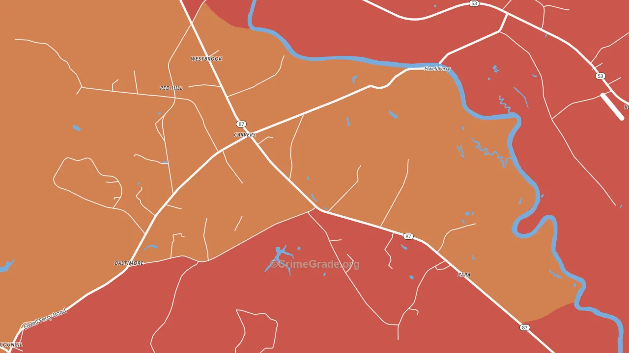 Carvers, NC Map of Burglary Rates