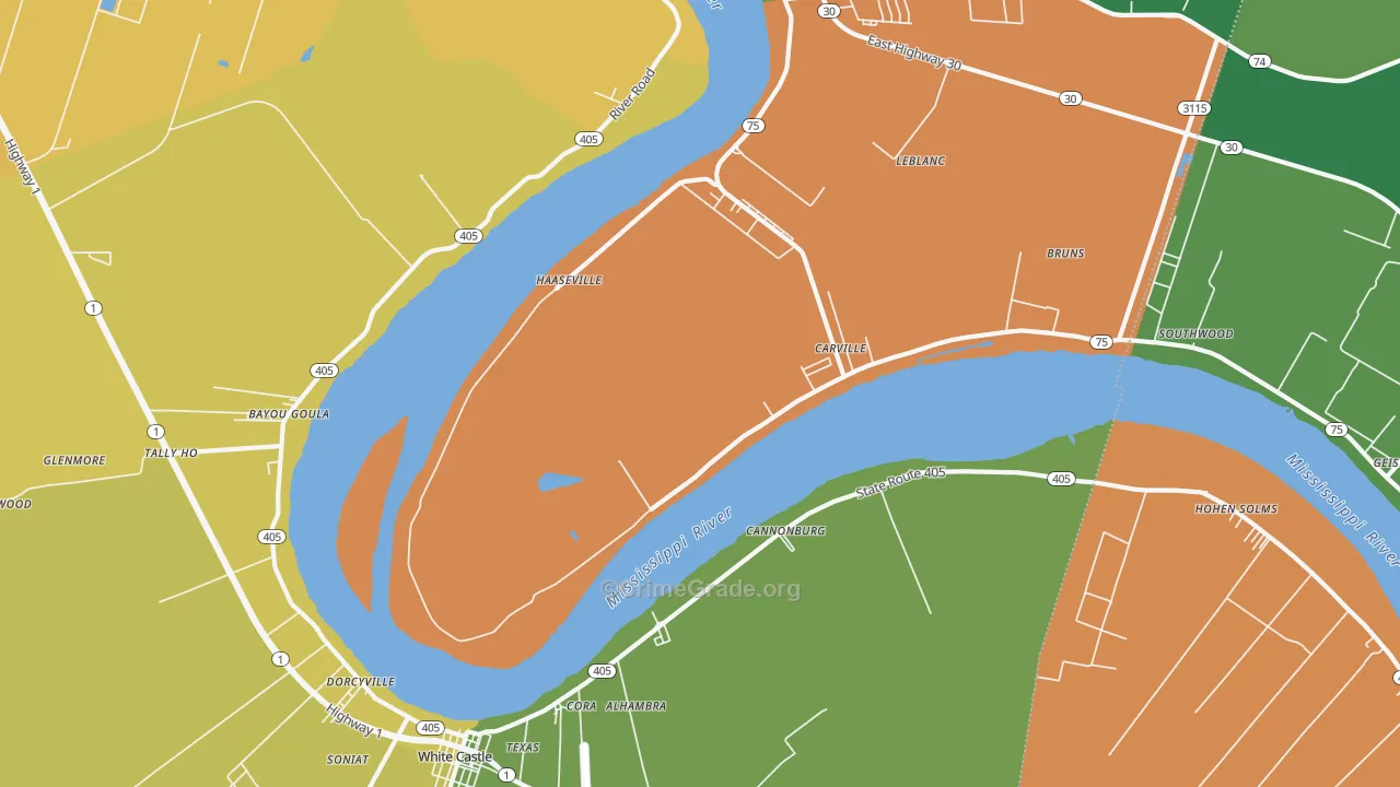 Carville, LA Map of Burglary Rates