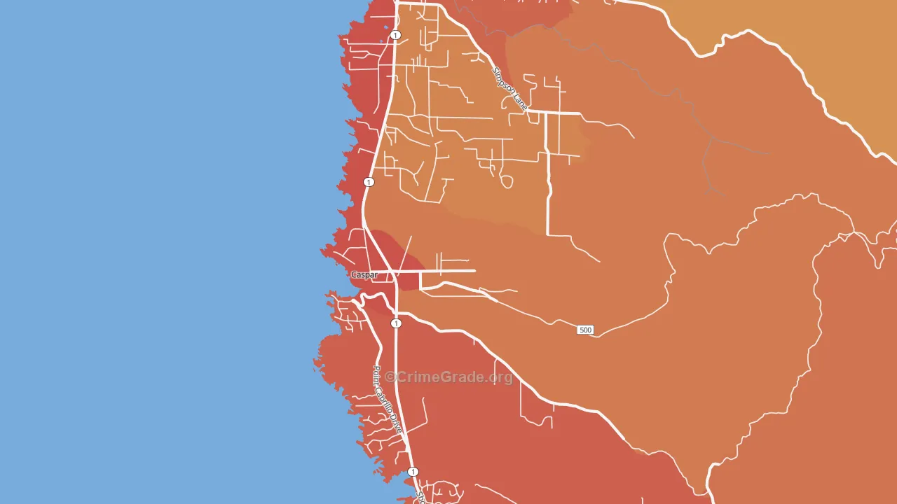 Caspar, CA Map of Burglary Rates