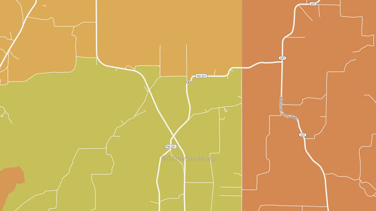 Cass, TX Map of Burglary Rates