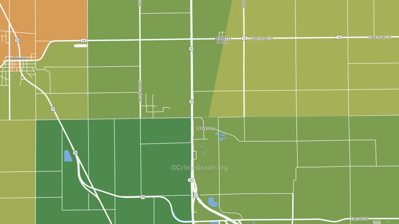 Cassville, IN Map of Burglary Rates