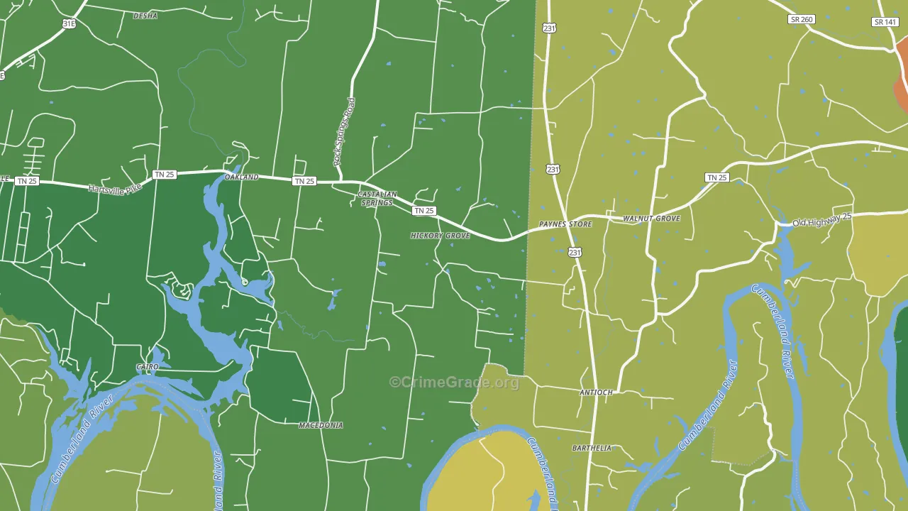 Castalian Springs, TN Map of Burglary Rates