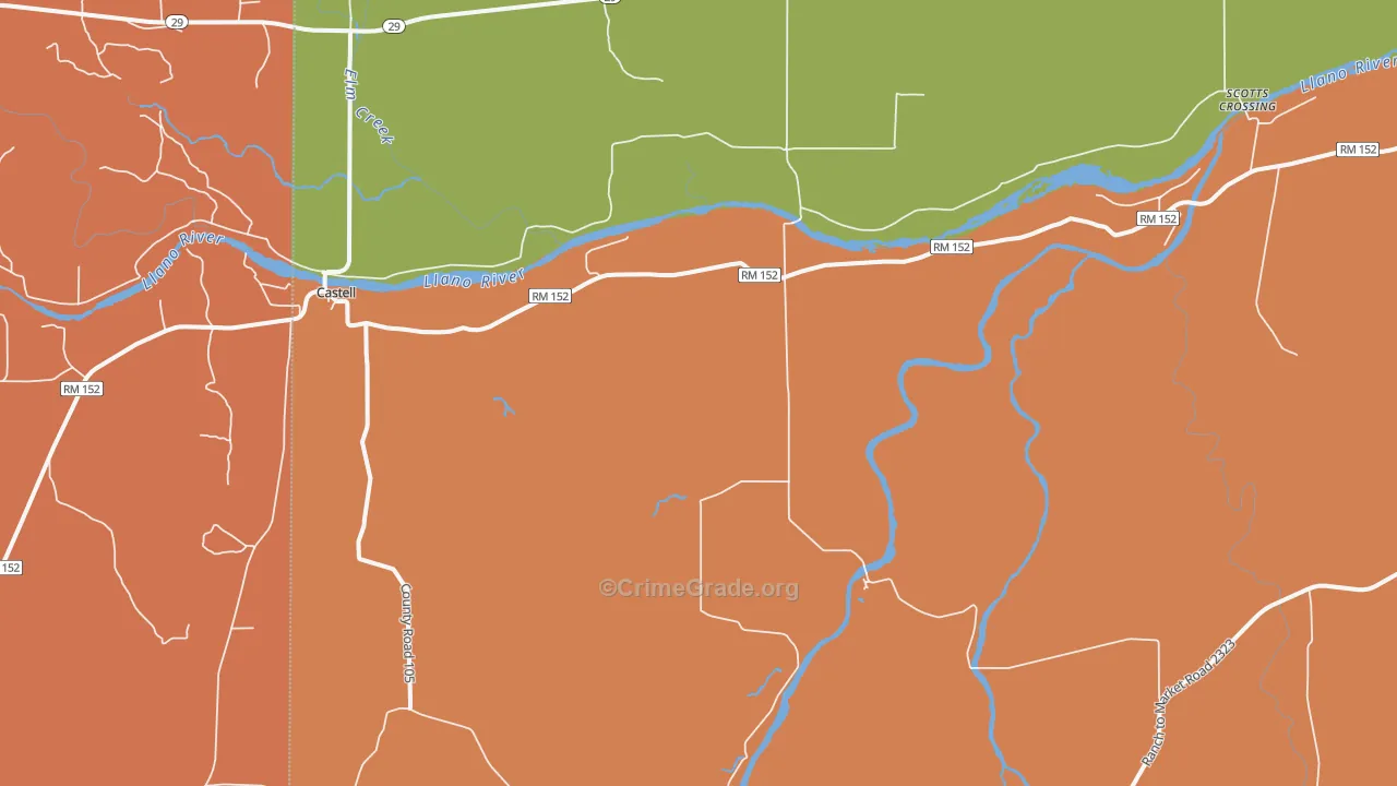 Castell, TX Map of Burglary Rates