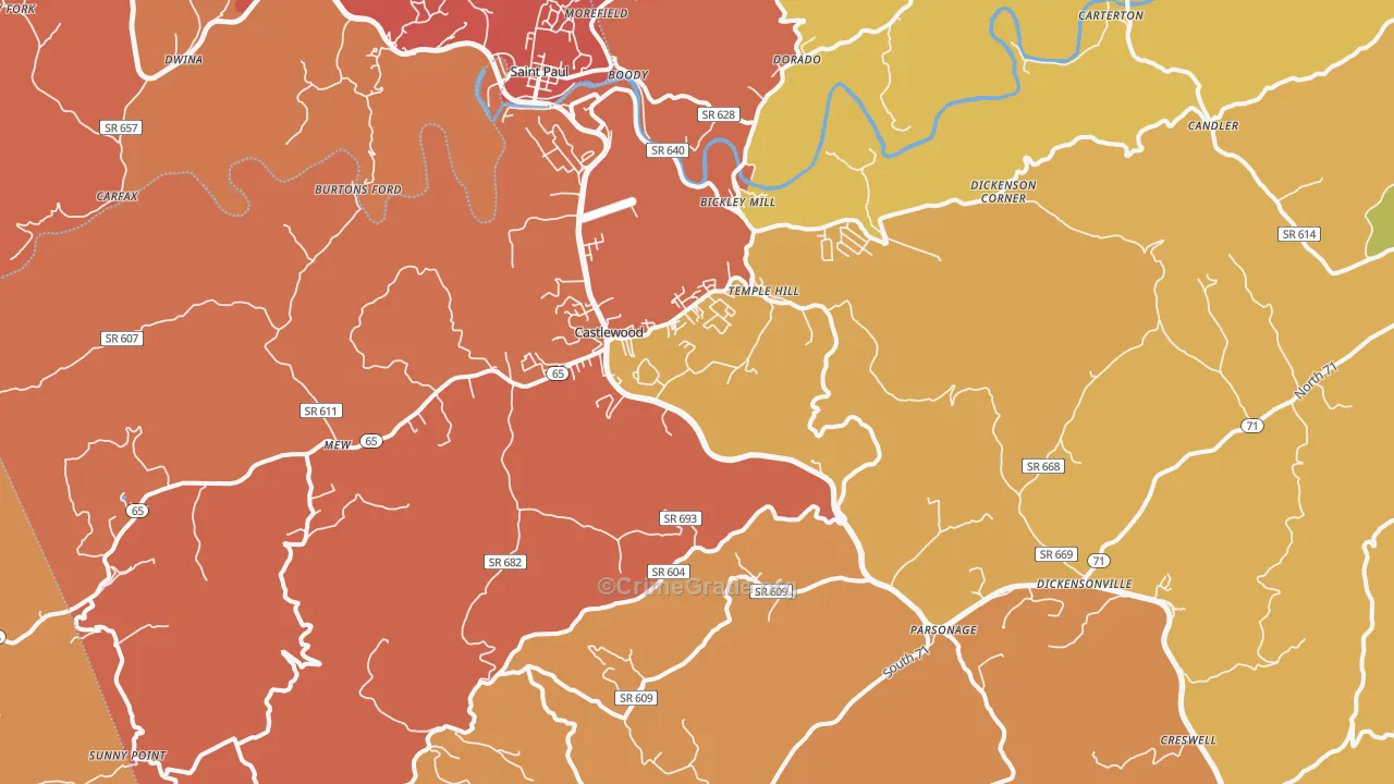 Castlewood, VA Map of Burglary Rates