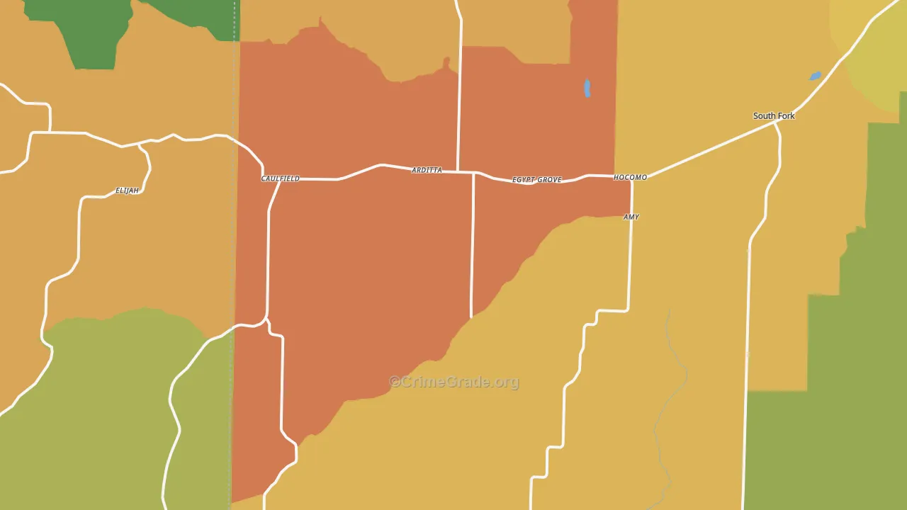 Caulfield, MO Map of Burglary Rates