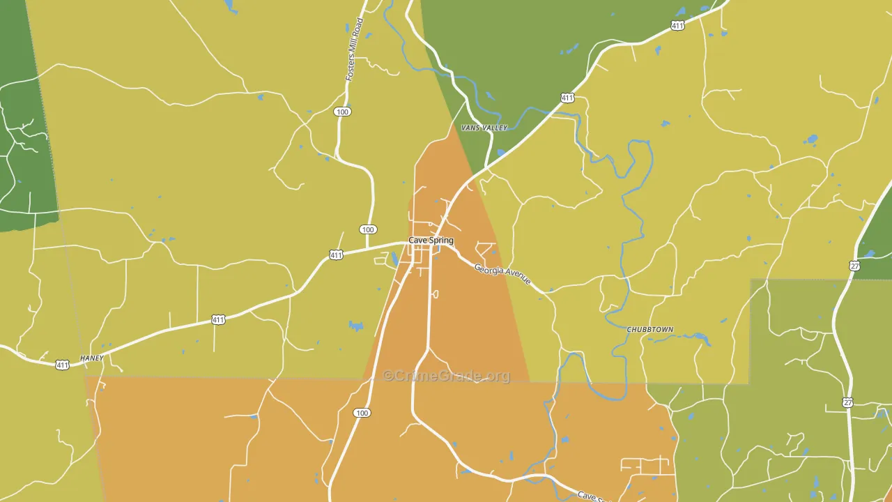 Cave Spring, GA Map of Burglary Rates