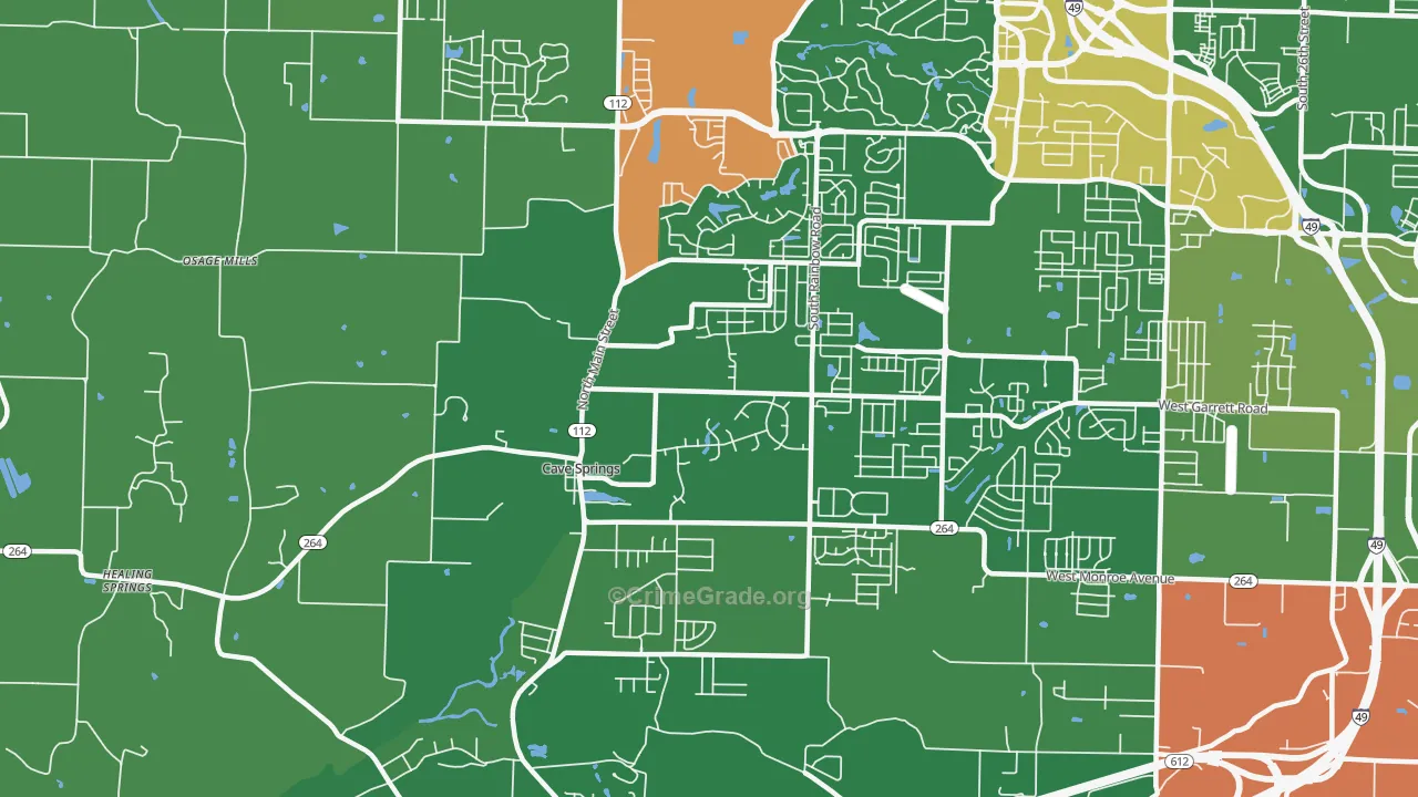 Cave Springs, AR Map of Burglary Rates