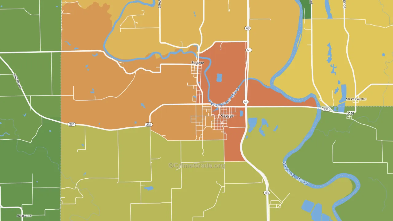Cayuga, IN Map of Burglary Rates