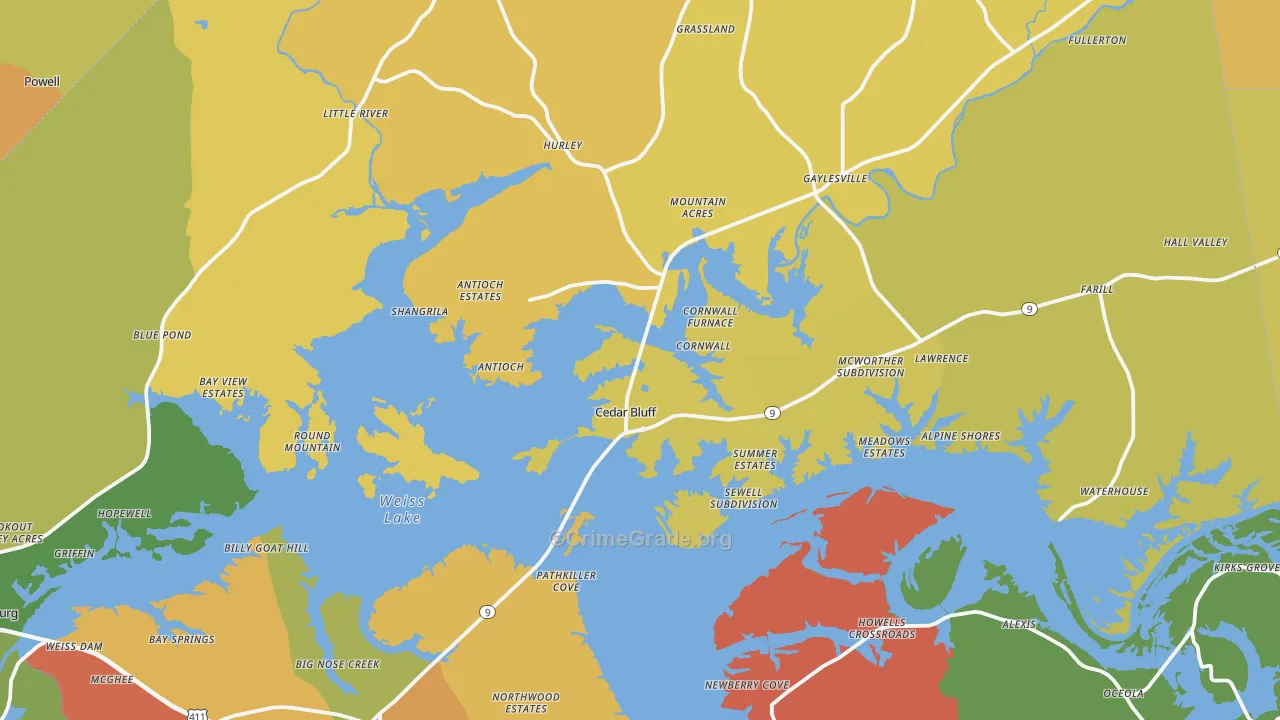 Cedar Bluff, AL Map of Burglary Rates