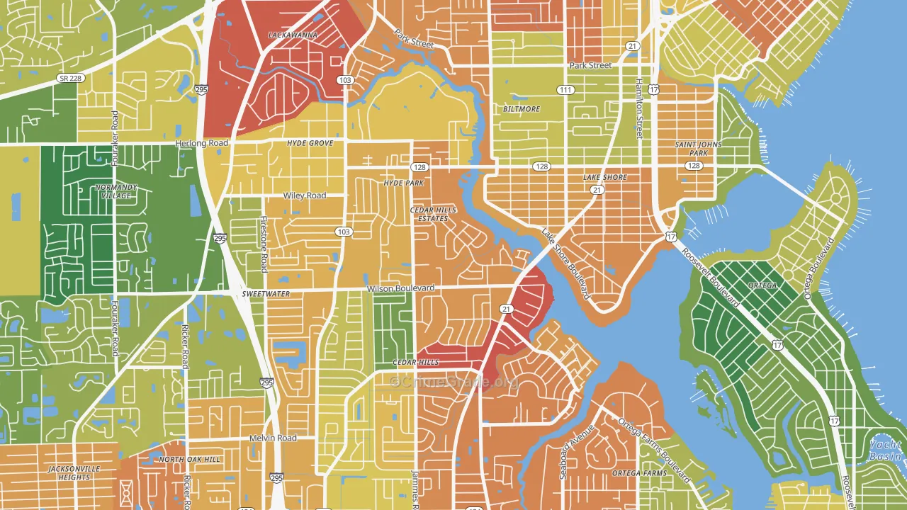 Cedar Hills Estates, Jacksonville, FL Map of Burglary Rates