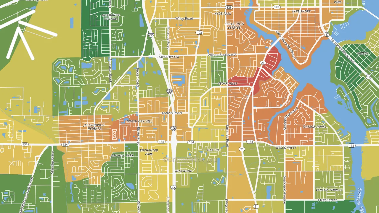 Cedar Hills, Jacksonville, FL Map of Burglary Rates