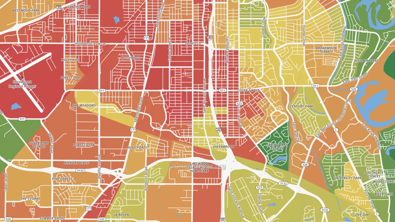 Ceder Grove-Lynbrook, Shreveport, LA Map of Burglary Rates