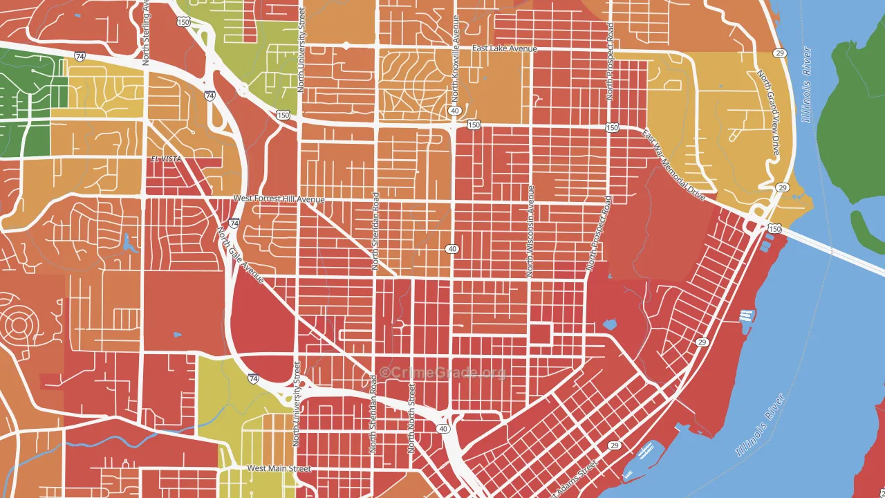 Center Bluff, Peoria, IL Map of Burglary Rates