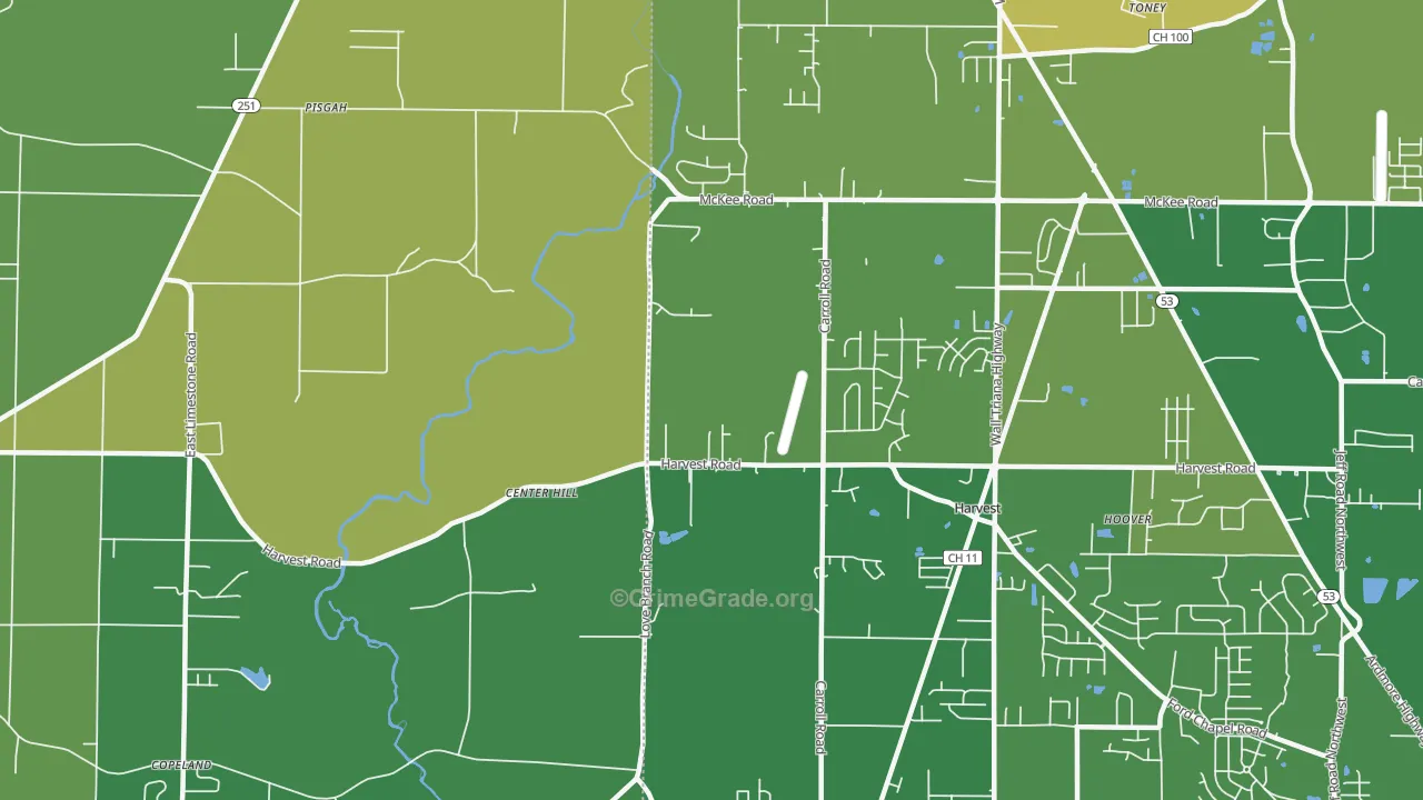 Center Hill, AL Map of Burglary Rates