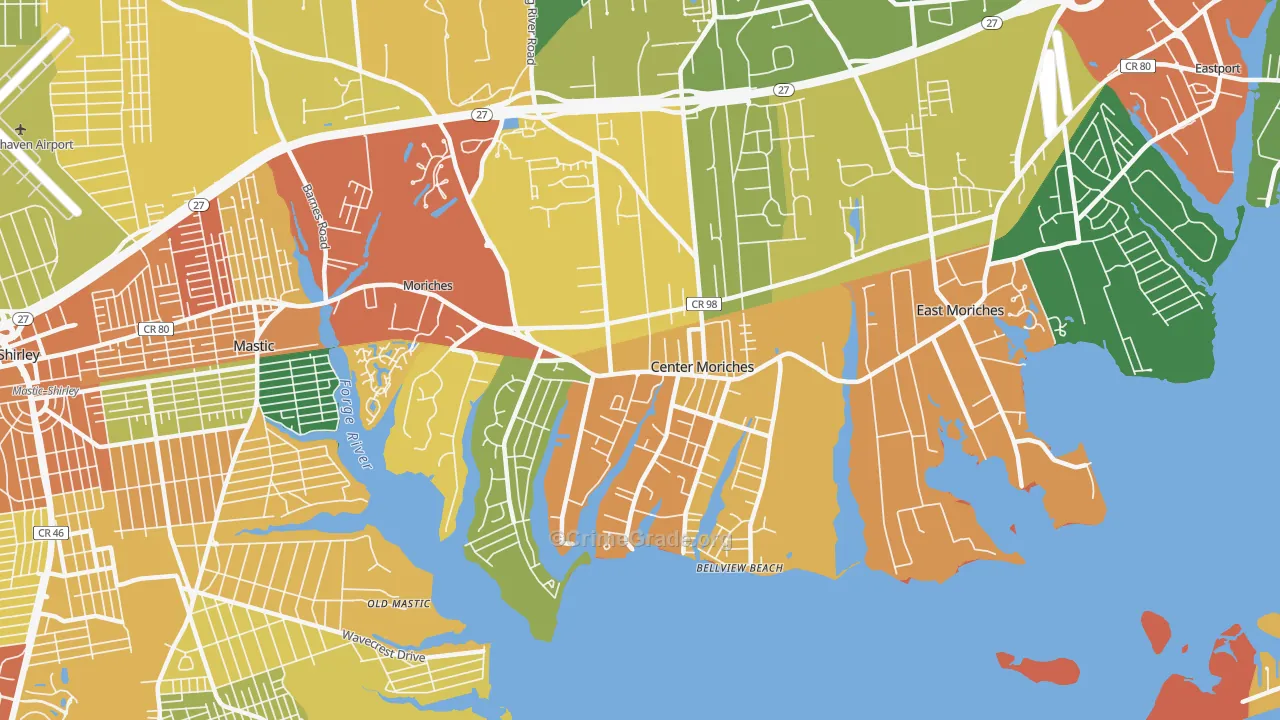Center Moriches, NY Map of Burglary Rates