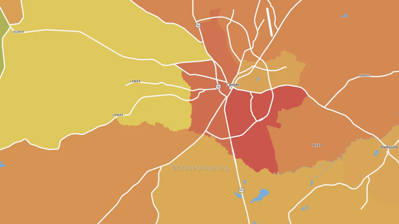 Center, TX Map of Burglary Rates