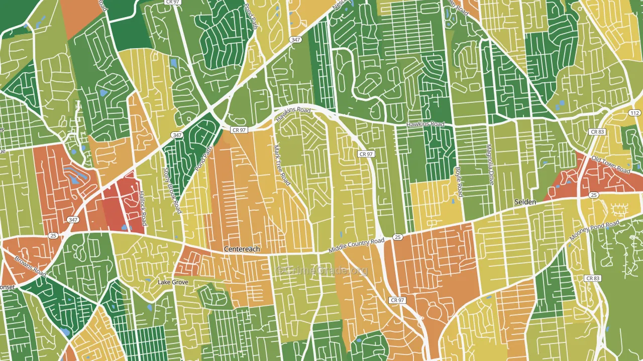 Centereach, NY Map of Burglary Rates