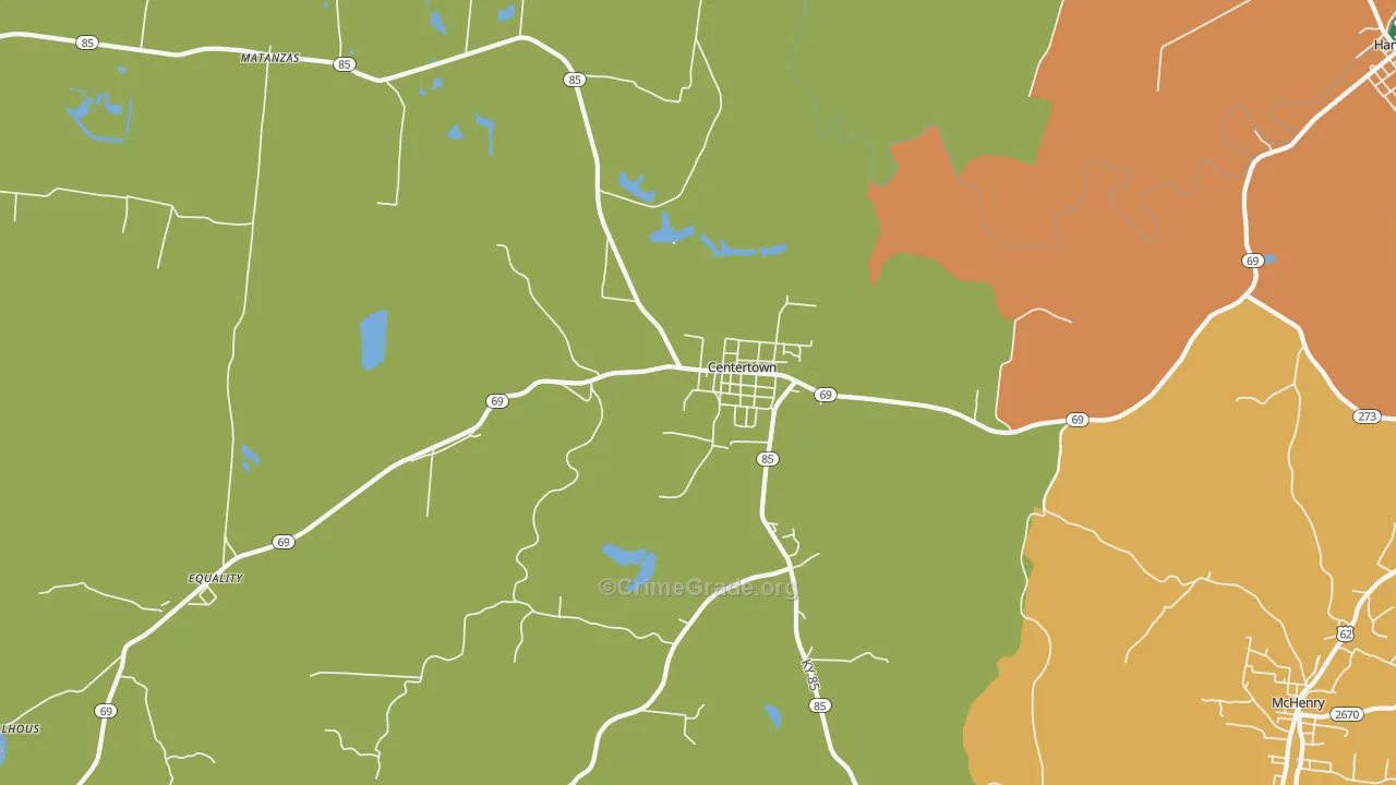 Centertown, KY Map of Burglary Rates