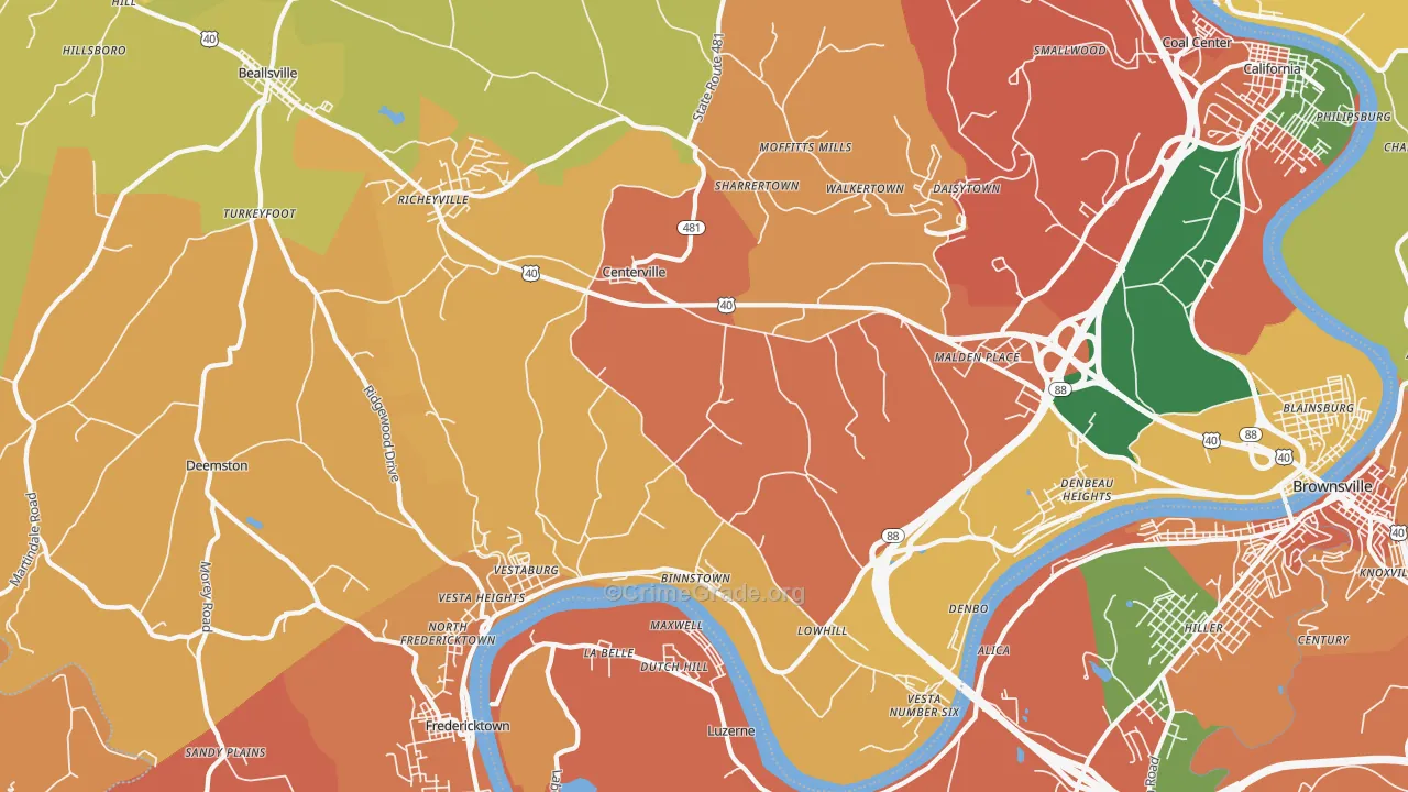 Centerville, Brownsville, PA Map of Burglary Rates