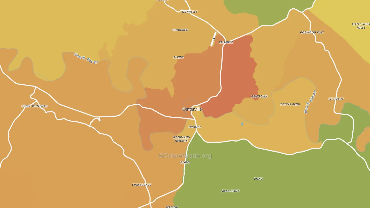 Centerville, TN Map of Burglary Rates
