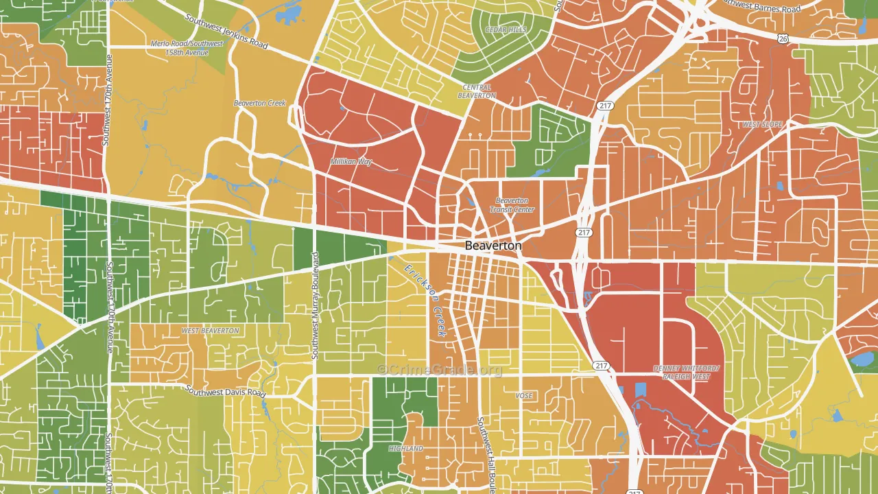 Central Beaverton, Beaverton, OR Map of Burglary Rates