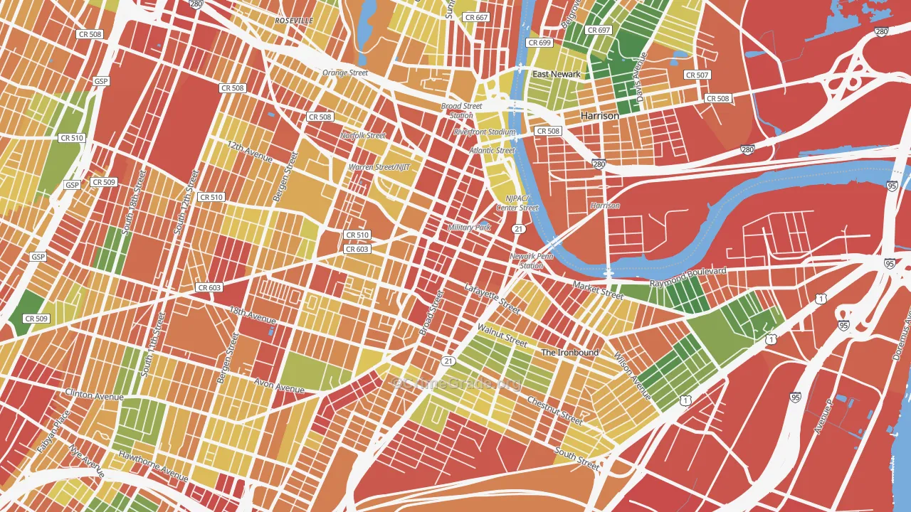 Central Business District, Newark, NJ Map of Burglary Rates