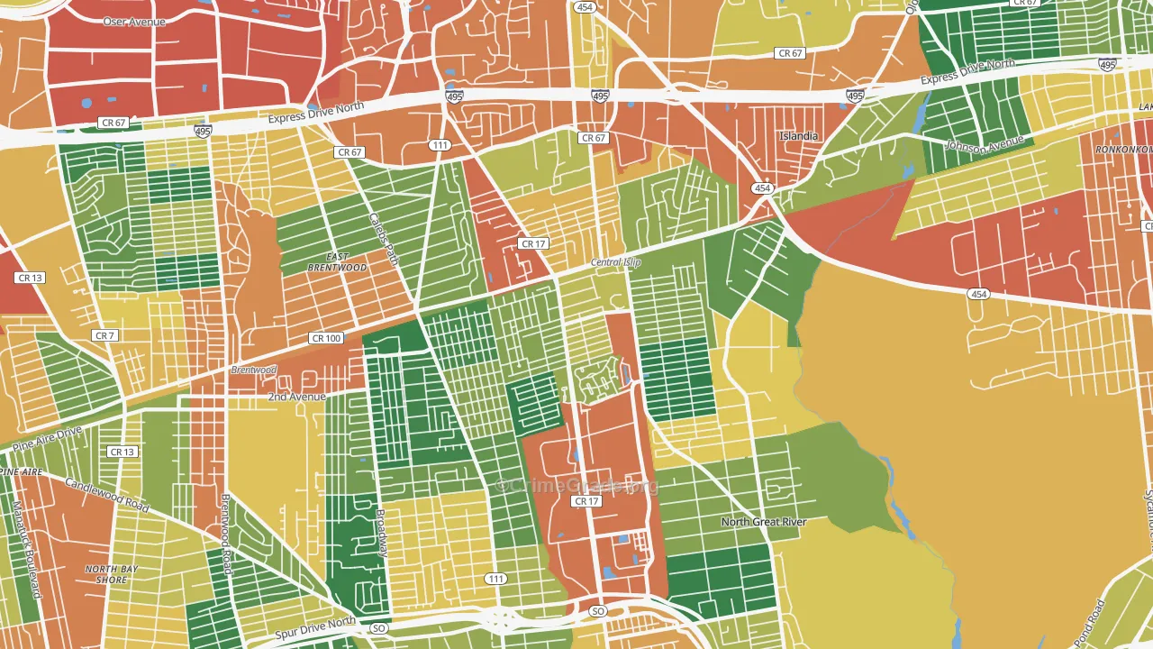 Central Islip, NY Map of Burglary Rates