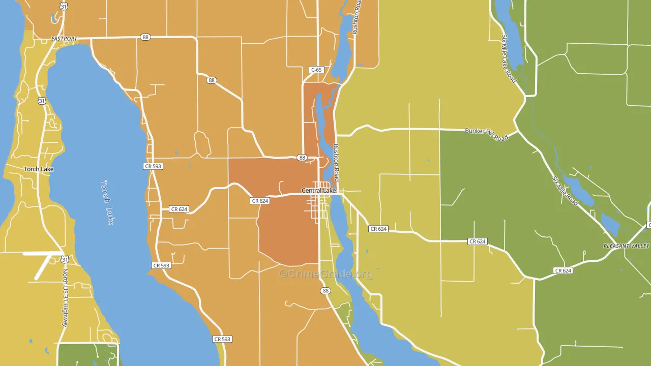 Central Lake, MI Map of Burglary Rates