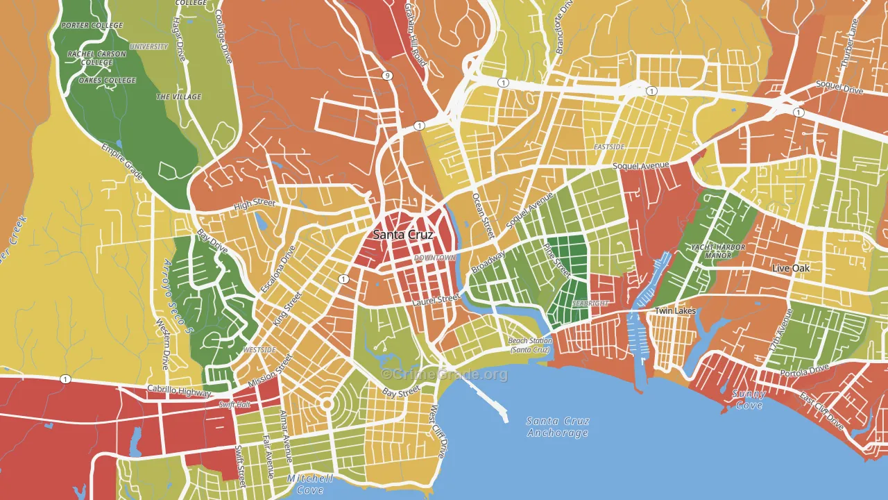 Central Santa Cruz, Santa Cruz, CA Map of Burglary Rates