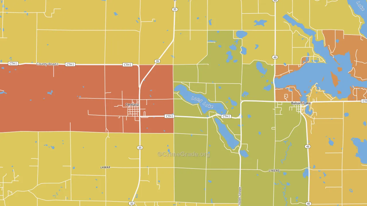 Centuria, WI Map of Burglary Rates
