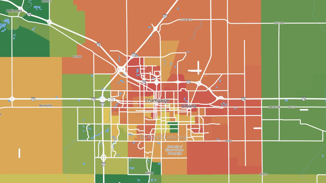 Champaign County, IL Map of Burglary Rates