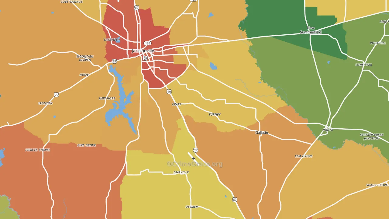 Cherokee County, TX Map of Burglary Rates