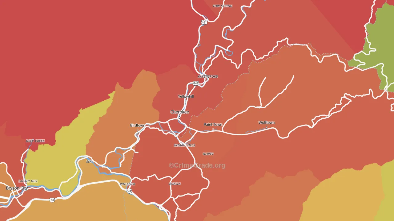 Cherokee, NC Map of Burglary Rates
