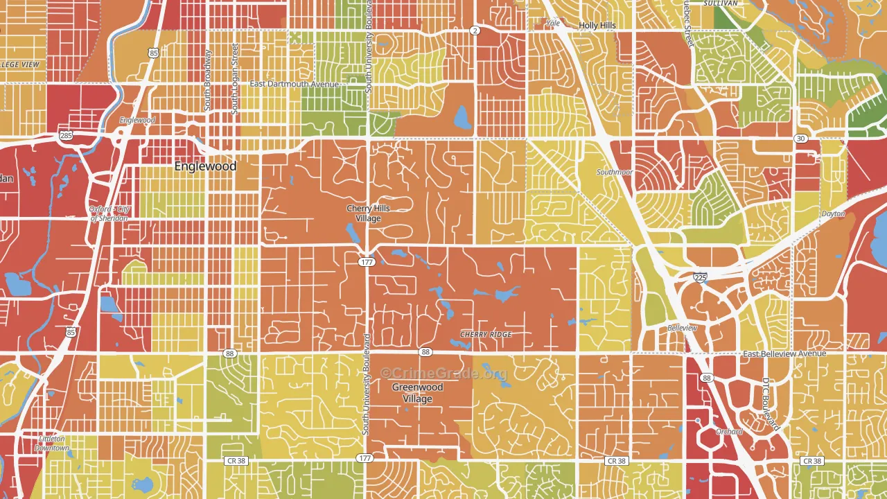Cherry Hills Village, CO Map of Burglary Rates