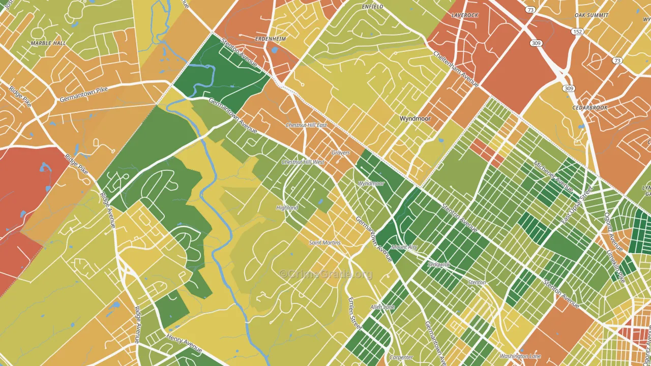 Chestnut Hill, Philadelphia, PA Map of Burglary Rates