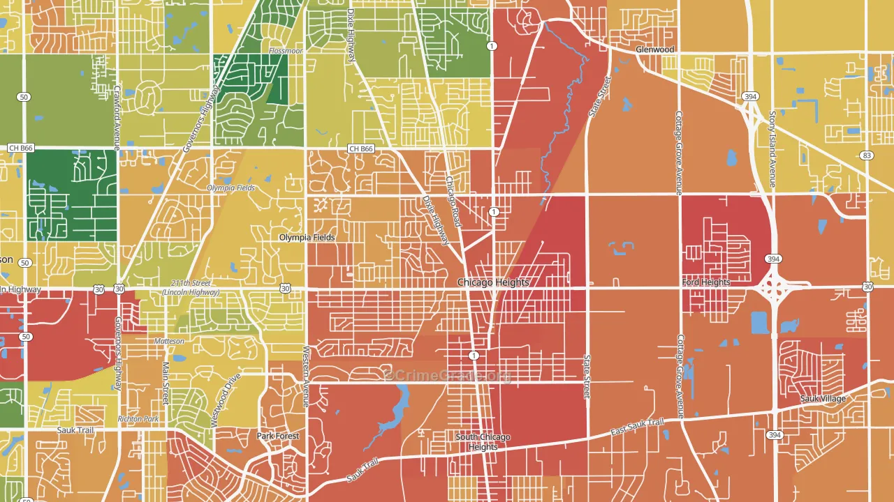 Chicago Heights, IL Map of Burglary Rates