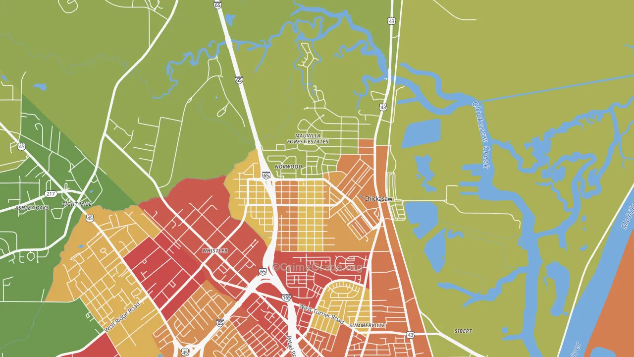 Chickasaw, AL Map of Burglary Rates