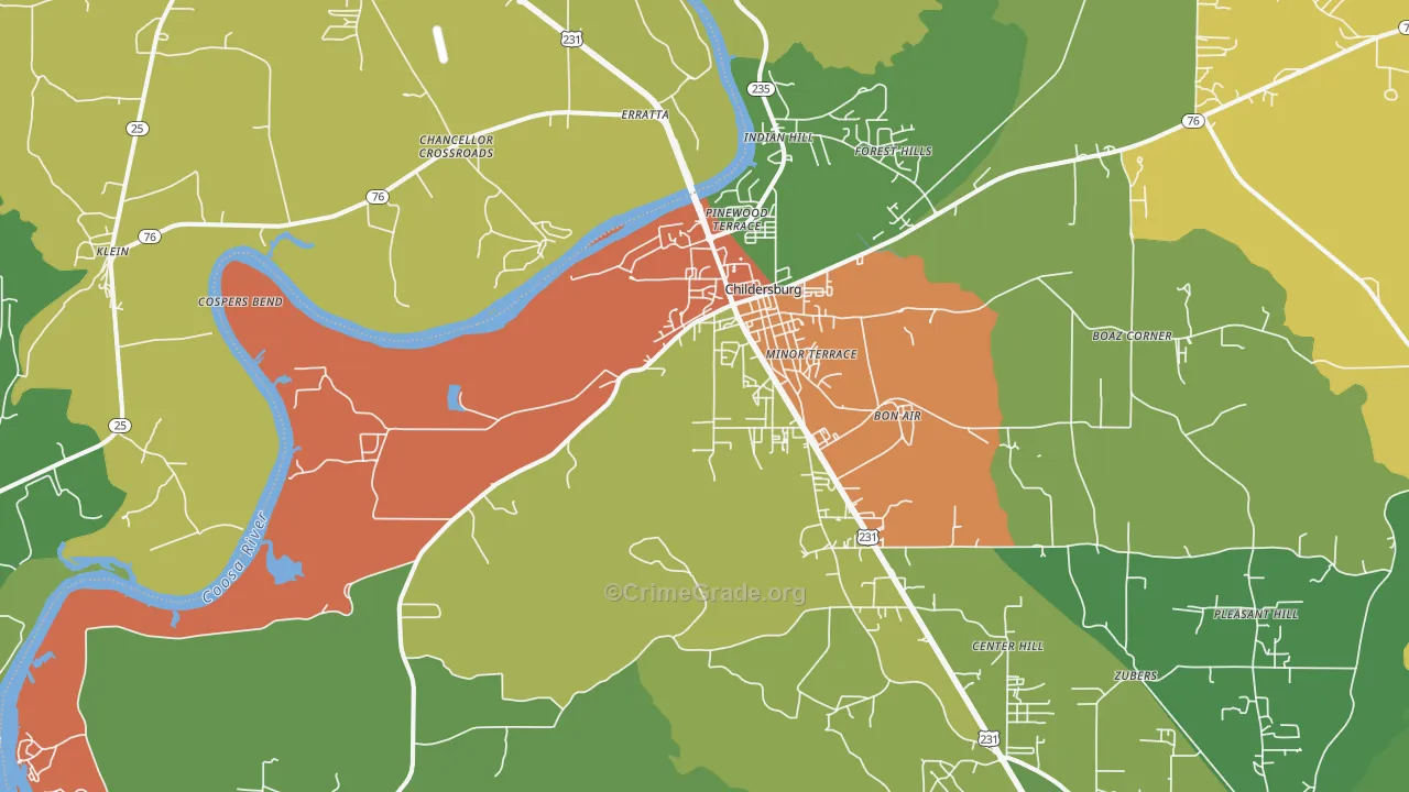 Childersburg, AL Map of Burglary Rates
