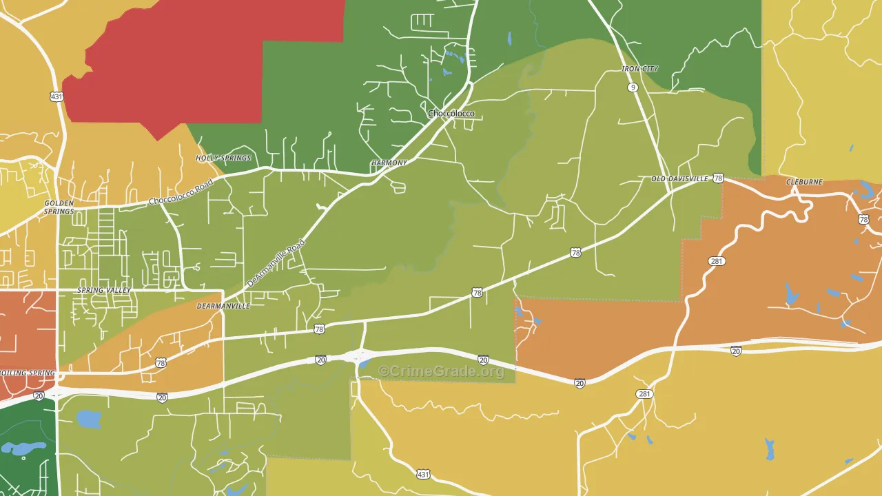 Choccolocco, AL Map of Burglary Rates