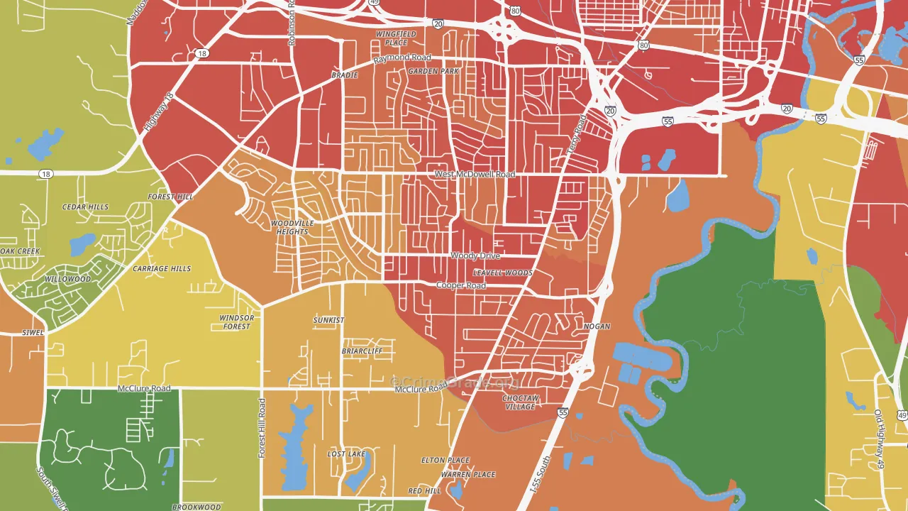Citizens Southwest, Jackson, MS Map of Burglary Rates