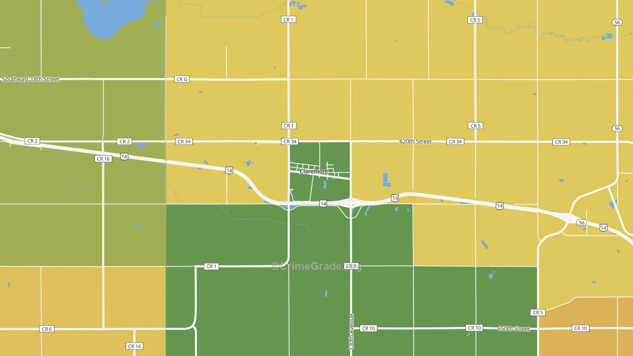 Claremont, MN Map of Burglary Rates
