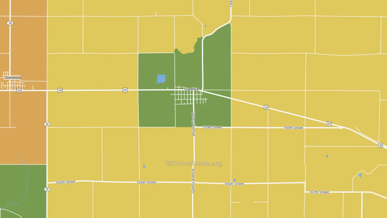 Clarence, IA Map of Burglary Rates