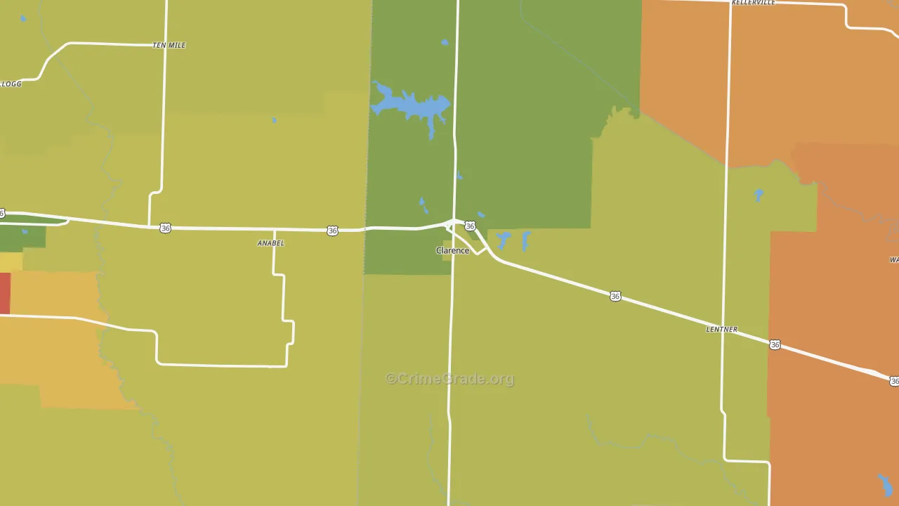 Clarence, MO Map of Burglary Rates