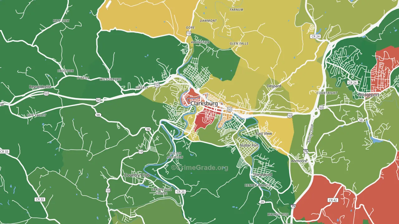 Clarksburg, WV Map of Burglary Rates